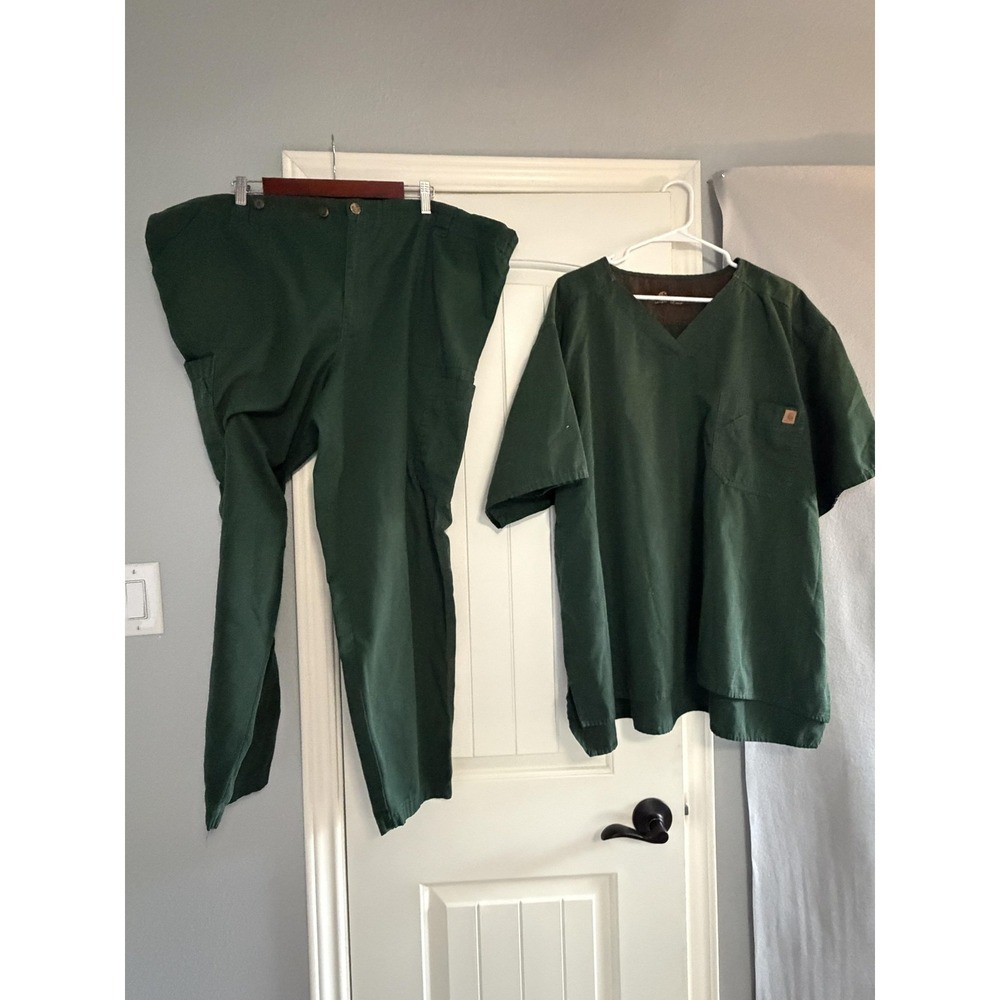 Carhartt Scrub Top Pants Set Mens 3XL Green Medical Cargo Pockets Ripstop - Picture 1 of 16
